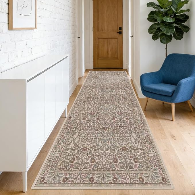 Washable 2' x 6' Runners for Hallways, Non Slip Long Floor Runner for Kitchen, Entryway Indoor, Stain Resistant Rubber Backing Floral Decor Rug (Moss)