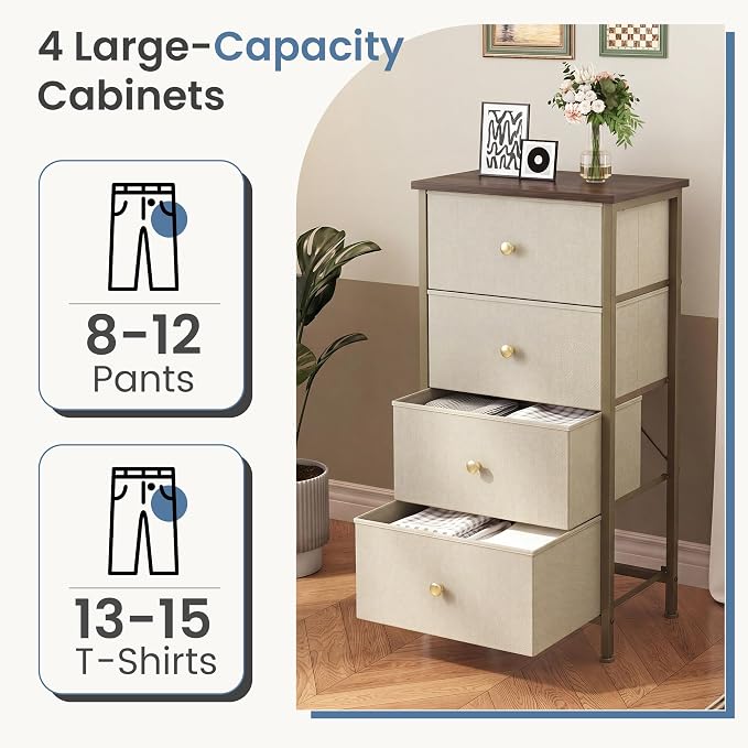 DUMOS Nightstand with 4 Drawers Bedside Table with Removable Fabric Bins Sturdy Steel Frame Wood Top Organizer Furniture for Bedroom Closet Living Room, Tan