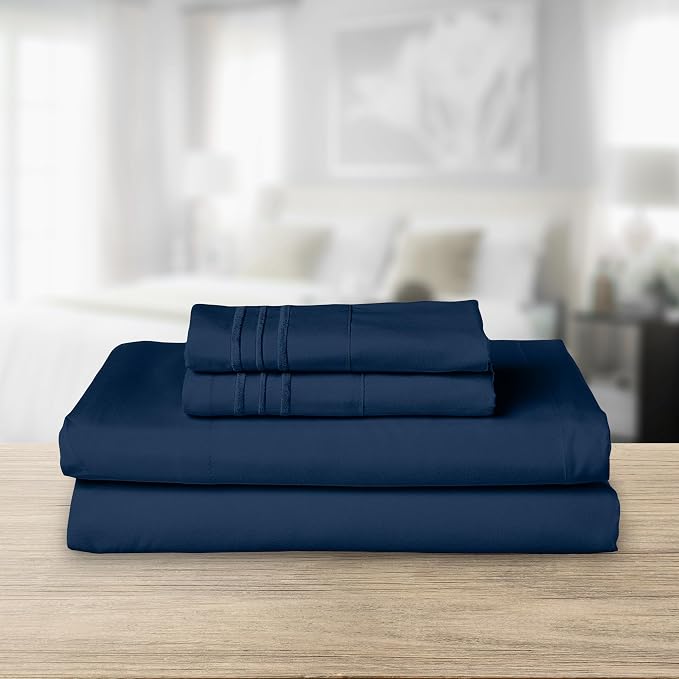 Elegant Comfort Luxurious 1500 Premium Hotel Quality Microfiber Three Line Embroidered Softest 4-Piece Bed Sheet Set, Wrinkle and Fade Resistant, King, Navy Blue