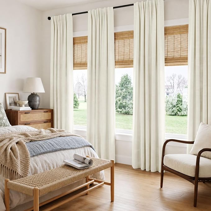 INOVADAY 4 Panels Set Beige White Blackout Curtains 84 Inches Living Room | Linen Textured, Light Blocking, Room Darkening, Thermal Insulated, Back Tab Top, Window Curtains for Living Room, W42xL84