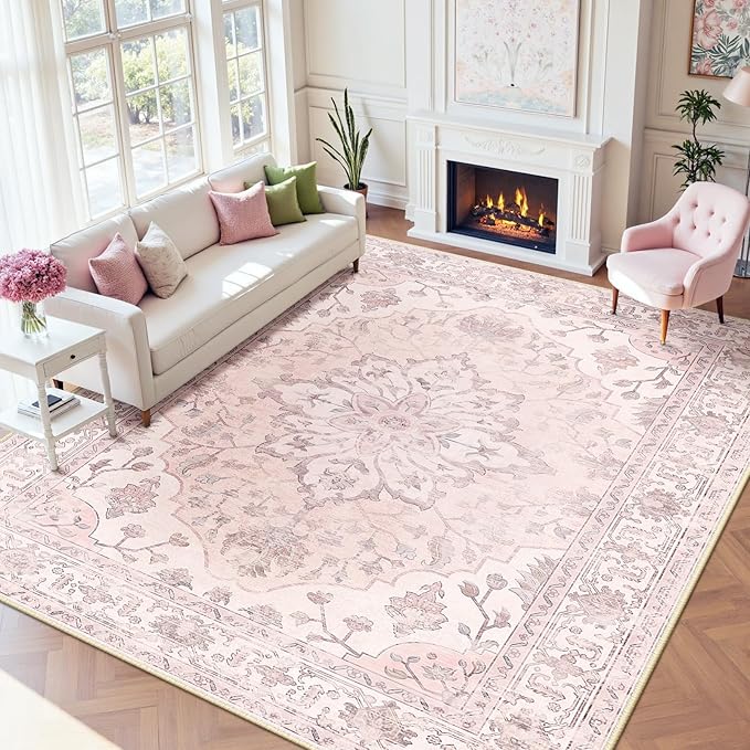 RELEANY Washable Area Rug, Large 9'x12', Pink | Non-Slip, Water Repellent, Pet Friendly, Easy to Clean, Vintage Floral Boho Decor for Living Room Bedroom Dining Room