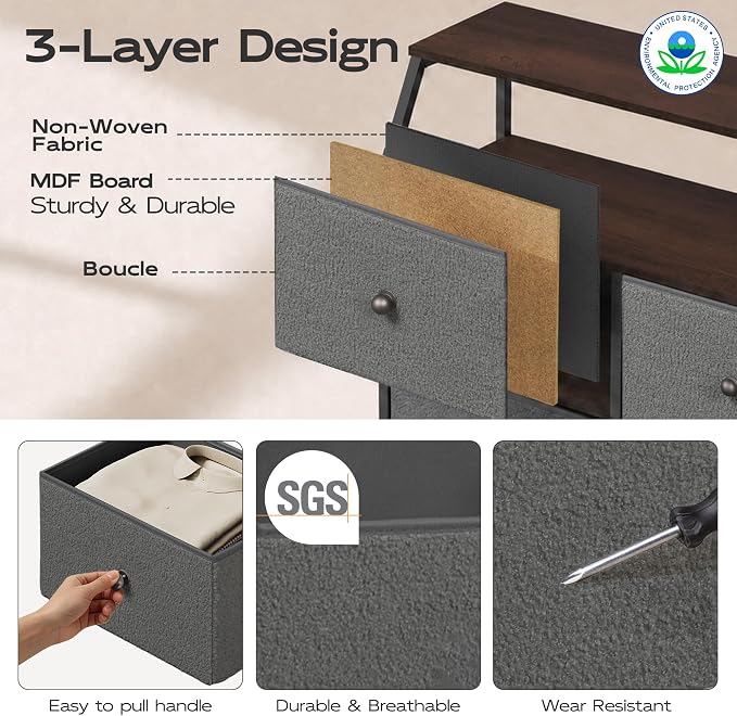 WLIVE Grey Boucle 8-Drawer Fabric Dresser Storage Tower Bedroom | Boucle fabric 8-drawer storage tower with open shelves and wood top, stylish for bedroom closet living room decor