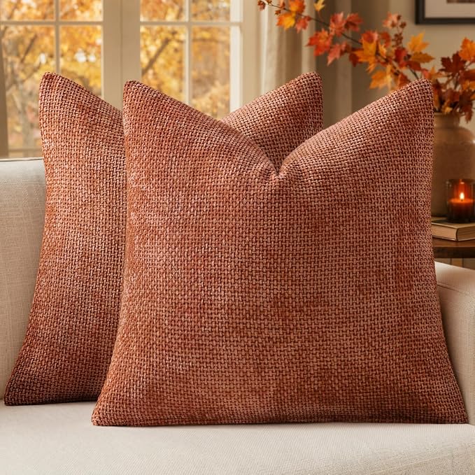 MIULEE Fall Decorative Rust Couch Throw Pillow Covers 18x18 Inch 2 Pack | Modern Boho Accent, Soft Chenille Pillow Covers, Farmhouse Cushion Cases for Home Decor Bed Sofa Living Room