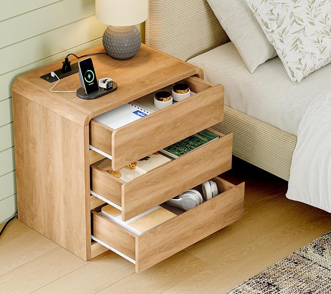 TEENFON Nightstands Set of 2, Night Stand with 3 Storage Drawer and Charging Station, Modern End Tables Wide Night Stands for Bedroom Sofa Couch Home Office, Natural