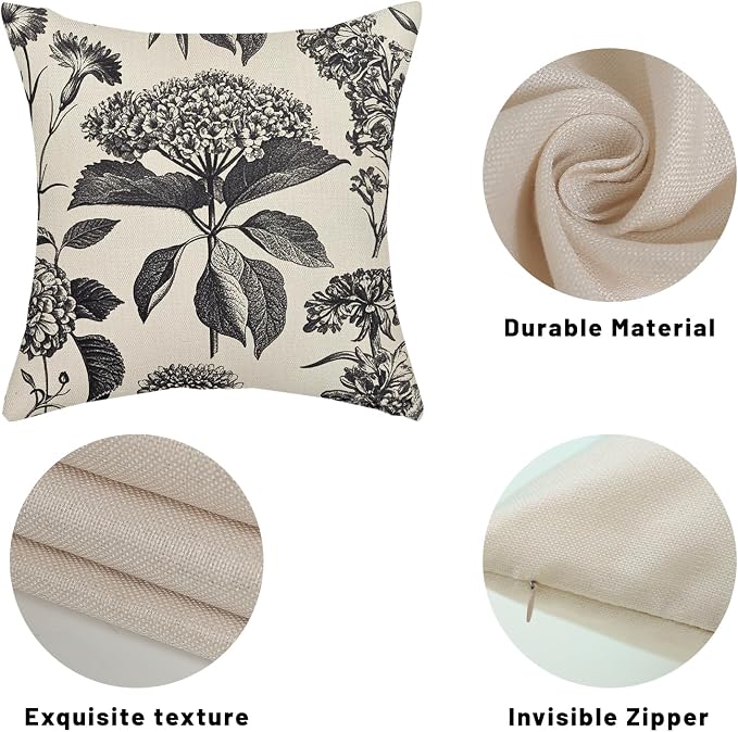 Black Pillow Covers 16x16 Inch 2 Pcs Boho Vintage Floral Decor Throw Pillows Hydrangea Flower Seasonal Outdoor Farmhouse Neutral Accent Decoration Pillowcase Linen Cushion Cover for Couch