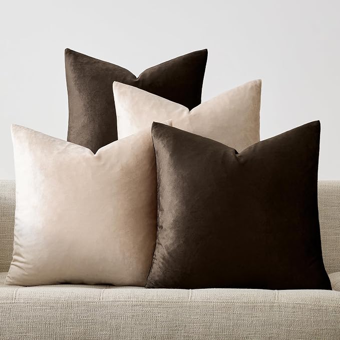 GIGIZAZA Pack of 4 Decorative Velvet Pillow Covers 16x16 Brown Beige | Throw Pillows for Couch Sofa,280gsm Soft Textured Fabric,Modern Accent Pillowcases,Luxury Living Room Cushion Covers