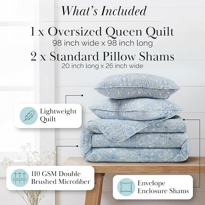 Southshore Fine Living, Inc. Farmhouse Quilts Queen Size, Quilt Bedding Set, Lightweight Coverlet Bedspread Full Size, 3-Piece Boho Quilt Set with Two Matching Pillow Shams, Full/Queen, Blue Paisley