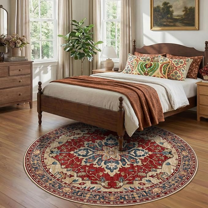 RELEANY Washable Area Rug, Round 7ft, Red/Blue | Non-Slip, Water Repellent, Pet Friendly, Easy to Clean, Vintage Floral Boho Decor for Living Room Bedroom Dining Room