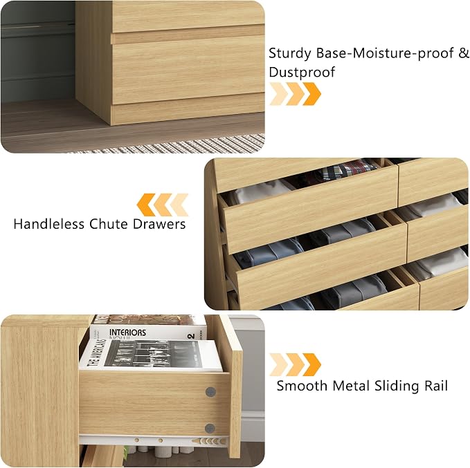 Vibe & Dine 8 Drawer Double Dresser, Modern Chest of Drawers with Wide Storage for Closet, Bedroom, Living Room, Natural Wood