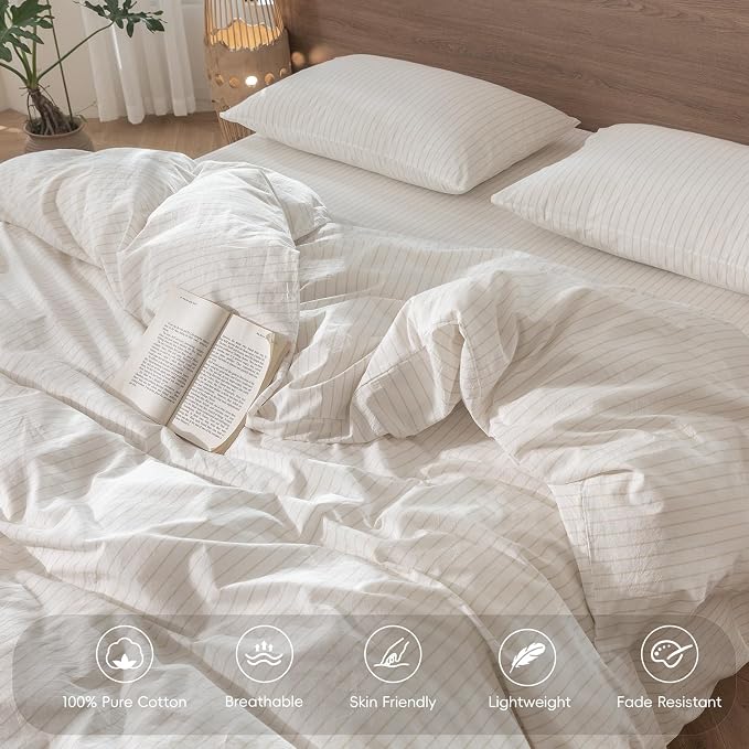 MooMee Striped Duvet Cover Set 100% Washed Cotton Linen Like | Relaxed Linen-like Texture. Soft, Breathable & Long-lasting Comfort. Lightweight. Hidden Zipper with 8 Interior Corner Ties