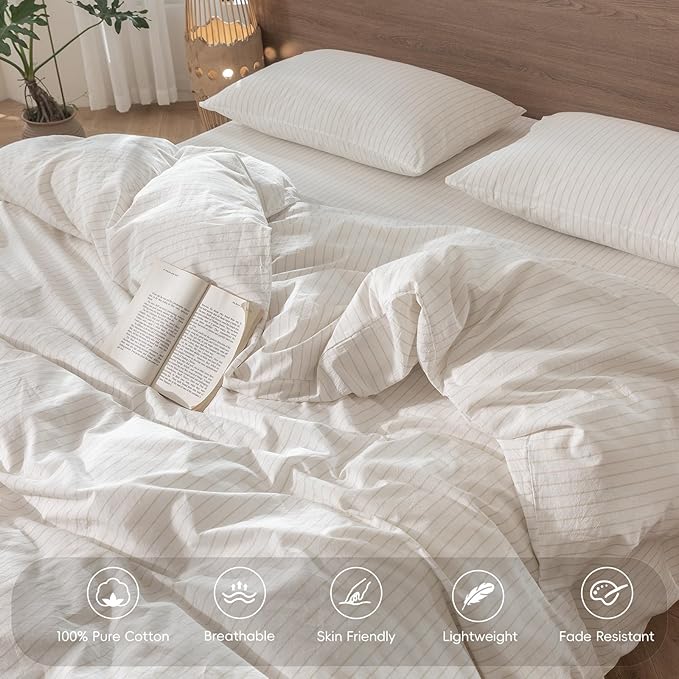 MooMee Striped Duvet Cover Set 100% Washed Cotton Linen Like King | Relaxed Linen-like Texture. Soft, Breathable & Long-lasting Comfort. Lightweight. Hidden Zipper with 8 Interior Corner Ties