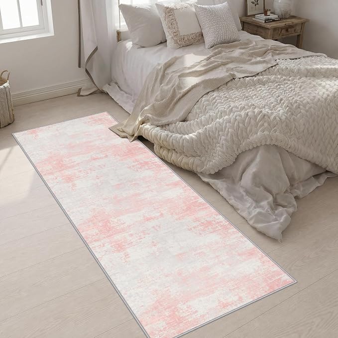 3x8 Washable Runner Rug：Modern Abstract Soft Carpet Pink White | For Hallway, Bedroom, Kitchen, Laundry, Bathroom,Door Mat,Modern Abstract,Machine washable,Non-Slip,Stain Resistant,Indoor