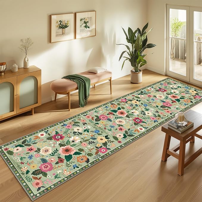 Floral Washable 2x10 Area Rugs Runner Entryway Hallway LightGreen | Flower Carpet, Print, Boho, Non-Slip, Easy to Clean, Low Pile, Soft, for Living Room Bedroom Kitchen Office Entrance