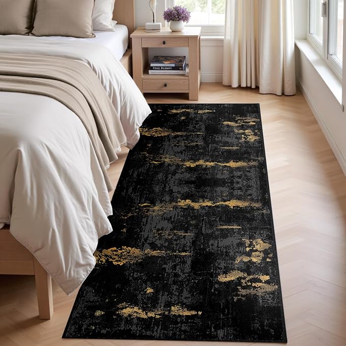 RELEANY Washable Runner 2'x8' Abstract Area Rug for Hallway Black Gold | Carpet for Kitchen, Entryway, Bathroom, Living Room, Bedroom, Printed Pattern, Non‑Slip, Soft, Stain‑Resistant, Easy to Clean