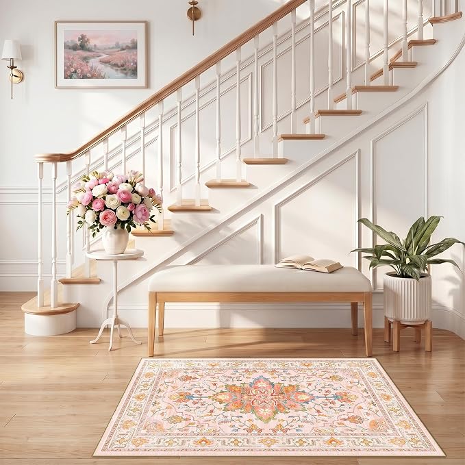 RELEANY Washable Area Rug, Small 2'6"x4', Pink/Light Pink/Colorful | Non-Slip, Water Repellent, Pet Friendly, Easy to Clean, Vintage Floral Boho Decor for Kitchen Entryway Bathroom
