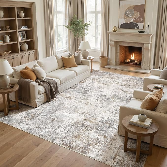 UERMEI 10x14 Area Rug Living Room Rugs Washable Neutral Brown Grey Carpet | Modern Abstract Non-Slip Soft Large Low Pile Floor Rugs for Bedroom Dining Room Home Office Indoor Decor