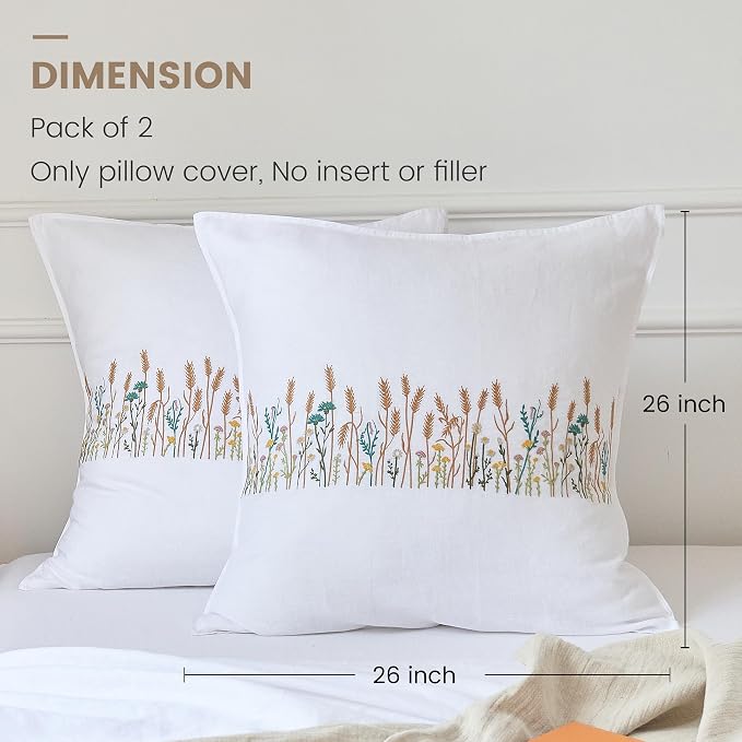Simple&Opulence 100% Linen Euro Shams 26'' x 26'' Pack of 2, Embroidery Wheat Design Natural Flax Farmhouse Decorative Square Throw Pillow Covers for Bed Couch Sofa - White