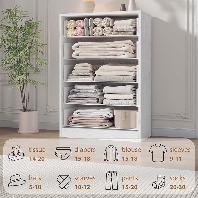 Garvee 5 Dresser for Bedroom, 43.3" Tall Dresser, Freestanding Horizontal Drawer with Storage, Wooden Closet Chest Storage for Living Room, Hallway, Entryway, White
