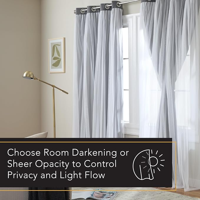 TOWN & COUNTRY LUXE Talia Double Layer Indoor Curtains, Sheer and Room Darkening Blackout, Grommet Top, Energy Efficient, 2-Pack Set, 52"x108", Black Pearl