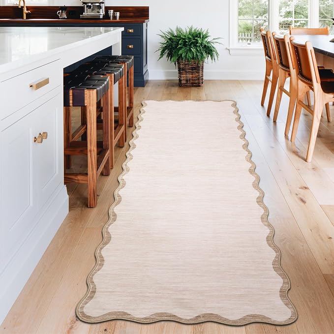 GarveeHome Scalloped Runner Rug for Hallways 2'6"x8' Washable Non Slip | Kitchen Runner Low Pile Pet Friendly Indoor Entryway Rug Farmhouse Soft Bath Mat Stain Resistant Carpet for Bedroom Laundry