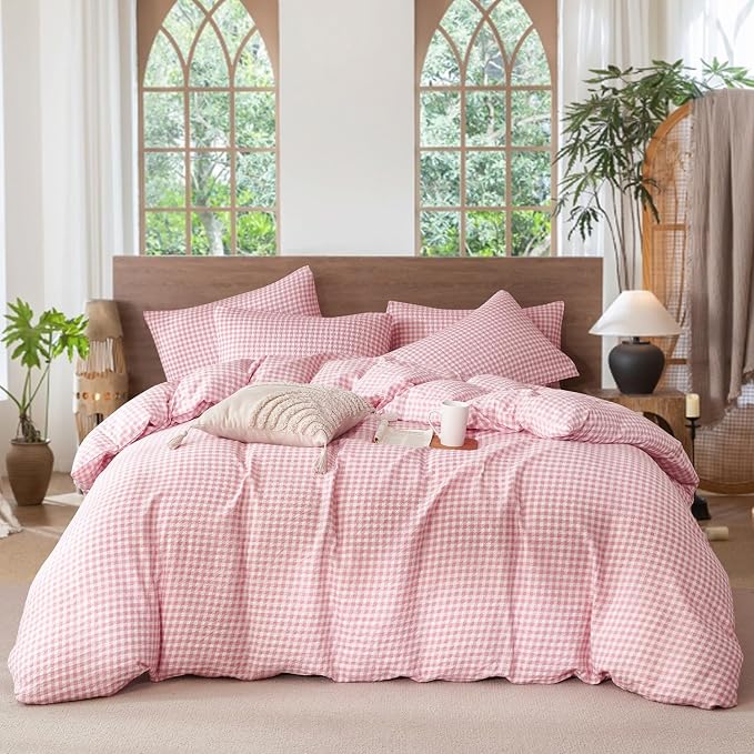 Grid Comforter Set Queen Pink Soft Luxury Washed Microfiber 3 Pieces Bedding Set, White Pink Grid Pattern Comforter with 2 Pillowcases Breathable Durable Comfy