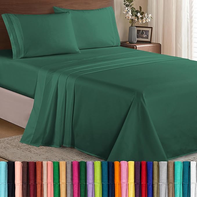 Elegant Comfort Luxury 1500 Premium Hotel Quality Microfiber 4-Piece Sheet Set - Wrinkle Resistant, All Around Elastic Fitted Sheet, Deep Pocket up to 16", King Hunter Green