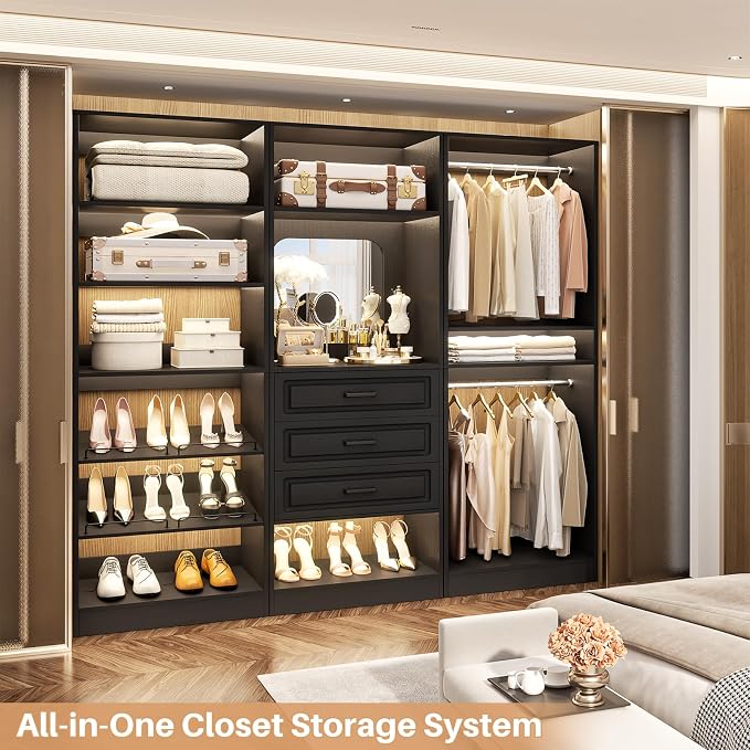 Unikito 75" Modular Closet System with 3 Sets, Mirror & Drawers, Black | Hanging Rods & Adjustable Shelves, Freestanding Wood Wardrobe Garment Rack, Walk in Tower Clothes Storage Organizer Unit