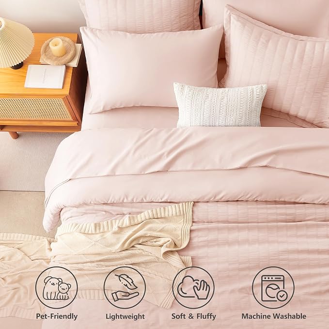Oversized King Seersucker Comforter Set, Blush Pink, 120 x 98 in | OEKO-TEX Certified, 7 Pieces Bed in a Bag with 240 GSM Down Alternative Comforter, Flat & Fitted Sheets, Pillowcases & Shams