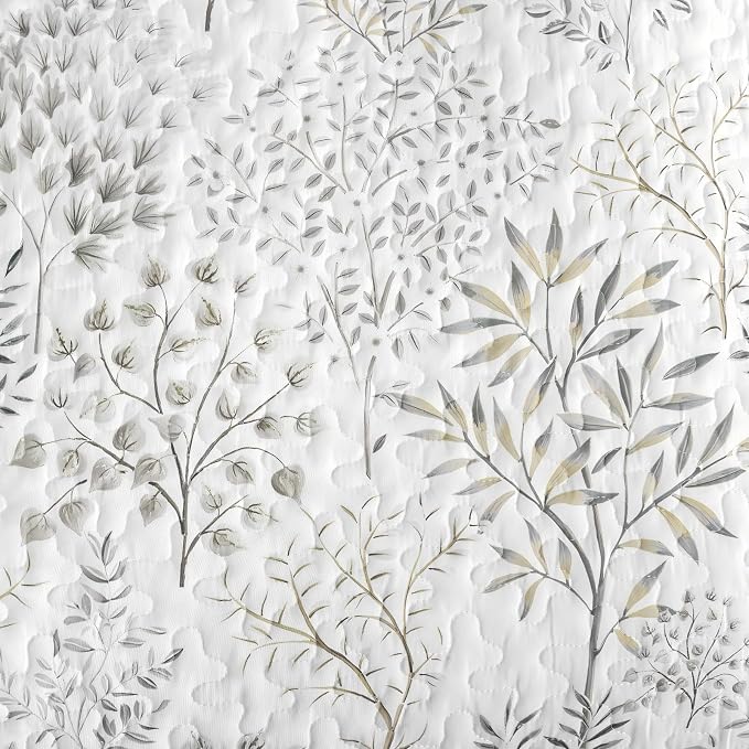 WONGS BEDDING Floral Quilt Set Queen Size, 3 Pcs White Bedspread Coverlet | Soft Lightweight Farmhouse Quilt Bedding Set for Bed, Microfiber Floral Quilted Bed Cover for Guest Room 96"×90"