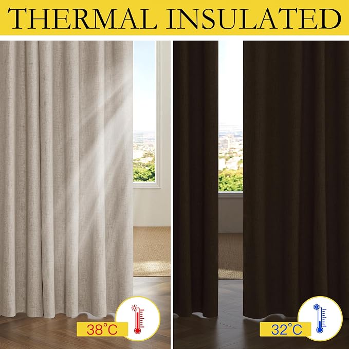 NICETOWN 100% Blackout Linen Curtains 108 inch Long 2 Panels, Natural | Rod Pock Thermal Insulated Long Drapes Noise Reducing, Privacy Protection Window Draperies for Master Bedroom, W52" x L108"