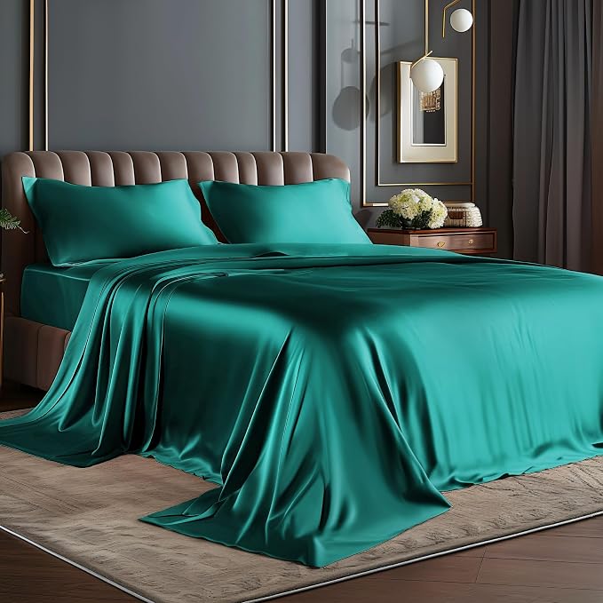 BEDELITE Satin Sheets Queen Size Bed Set, Teal, 4 Pieces | Luxury Silky Bed Sheets, 15 Inch Deep Pocket, Similar to Silk, Soft and Cooling, Reduces Friction, Gentle on Hair and Skin