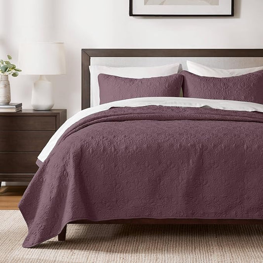Madison Park Luxurious Cotton Damask Quilt Set, 3PC King/Cal King Bed Set | All Season, Lightweight Stitching Coverlet Bedspread Bedding Stitching with Shams, Purple