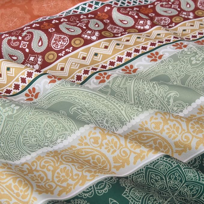Cottolester Boho Comforter Set Queen Size,8 Pieces Sage Green and Orange Bohemian Striped Bed in a Bag,Paisley Soft Microfiber Bedding Comforter Set