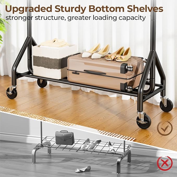 HYSEYY Heavy Duty Clothes Rack Load 450 LBS, Metal Garment Rack, Standing Rolling Clothing Rack for Hanging Clothes with Sturdy Wheels & Shelves, Portable Closet Wardrobe Rack,Black