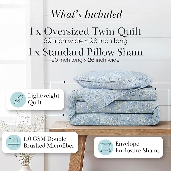 Southshore Fine Living, Inc. Twin XL Quilt Set, Dorm Bedding Essentials, Stain Resistant, Machine Washable Paisley Boho Bed Spread, Twin XL Quilt Bedspread Set w/Pillow Sham, Blue Paisley Bedding