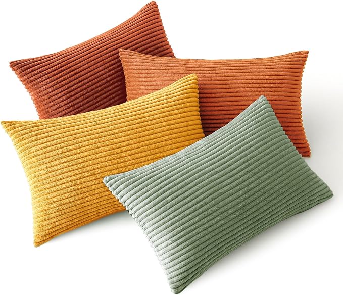 MIULEE Fall Decorative Lumbar Pillow Covers Yellow Rust Green 12x20 | Set of 4, Vintage Retro Fall Decor, Mix and Match Color Clash Design, Vibrant Throw Pillows for Sofa Couch Bed Living Room