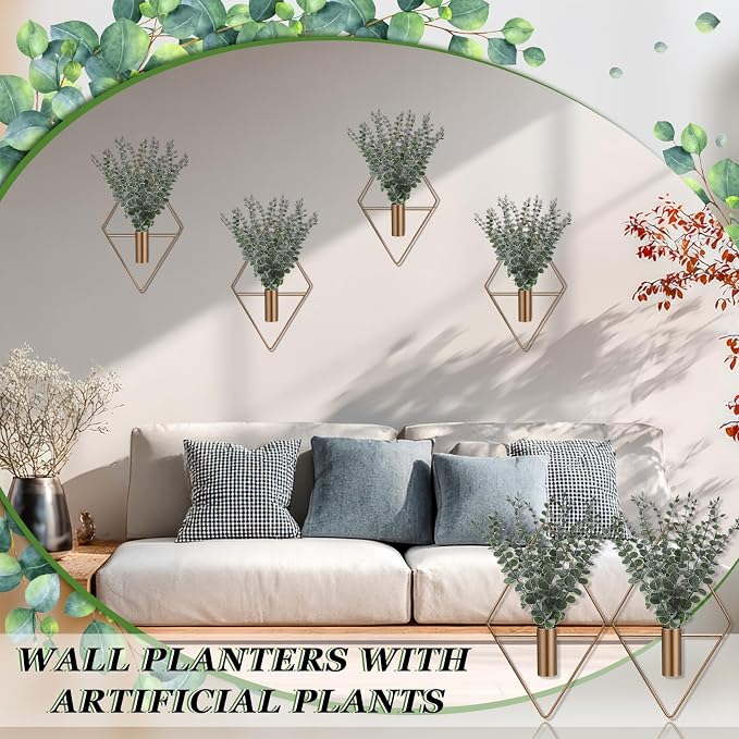 Jexine 8 Pcs Hanging Planters with Artificial Eucalyptus Metal Hanging Vase Indoor Plants Holder Modern Geometric Boho Bathroom Wall Decor for Living Room Home Office (Eucalyptus,Bronze)