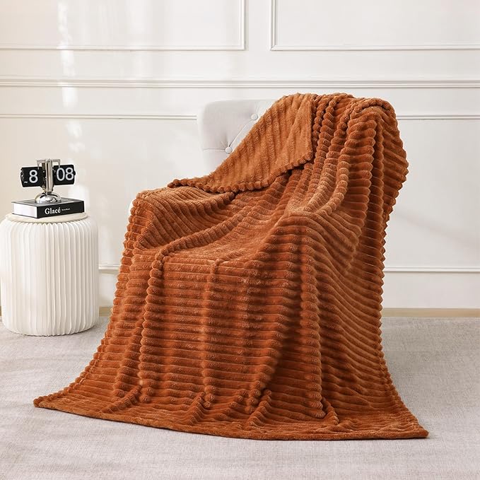 Burnt Orange Fleece Throw Blanket 108”×90” for Couch Sofa Livingroom | Linecooo Super Soft Cozy Plush Microfiber Flannel Bed Blanket Striped Design Lightweight Home Decor Gifts for Adult Mom Women