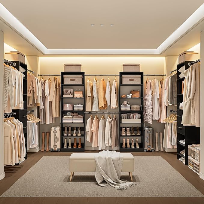 ONBRILL W1 3.5FT-7.7FT Closet System with 4 Chrome-Plated Telescopic Rods | Modular Closet Organizer System with 6 Adjustable Shelves, Custom Wood Walk-In & Reach-In Closet Organizer, Wall Mount, Black
