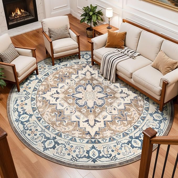8FT Washable Round Area Rugs for Living Room, Non Slip Circle Rugs | Low Pile Vintage Carpets for Bedroom Dining Room, Nursery, Home Office, Kid Pet Friendly, All Vacuums Compatible, Brown Beige