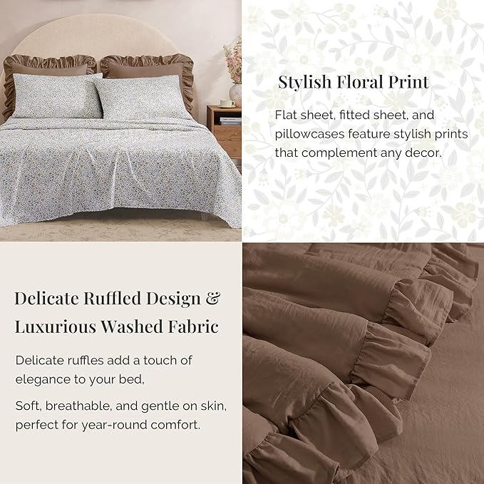 Twin XL Comforter Set-5 Pieces Ruffle Bedding Floral Sheet | Brown Bed in a Bag, Soft Lightweight All Season Farmhouse Twin XL Bedding Set with Floral Sheets, Pillowcases & Shams