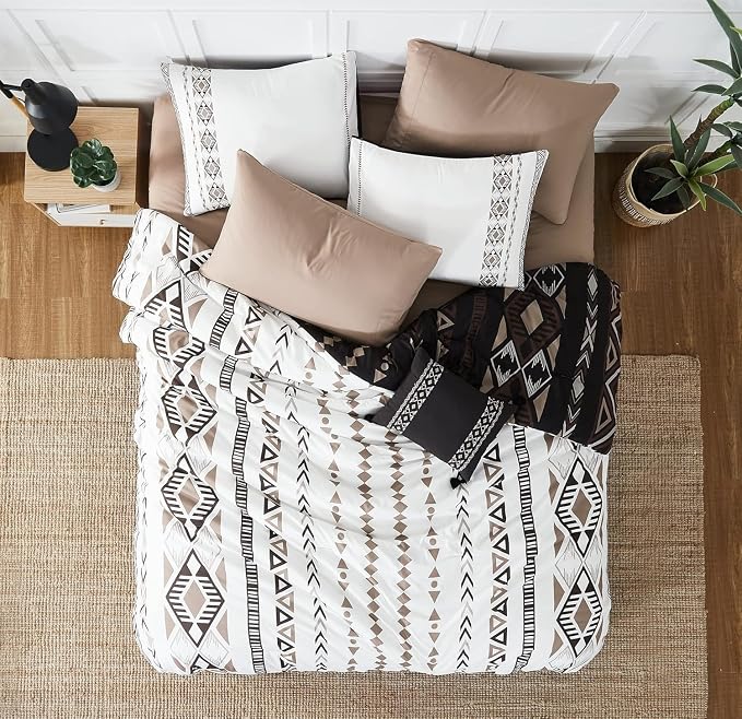 Super King Plus Comforter Set - 7 Pieces Boho Bed in a Bag Western Bedding | Reversible Bedding, All Season Aztec Bed Set with Comforter, Sheets, Pillowcases & Shams, Brown