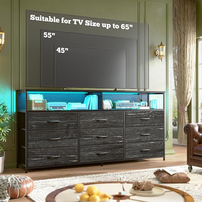 55" W Dresser for Bedroom with 9 Drawers LED, Power Outlets Fits 65" TV | TV Stand for 45, 55, 65 Inch TV Sturdy Long Chest of Drawers with Extra 2 Wooden Shelves Steel Frame Grain Black