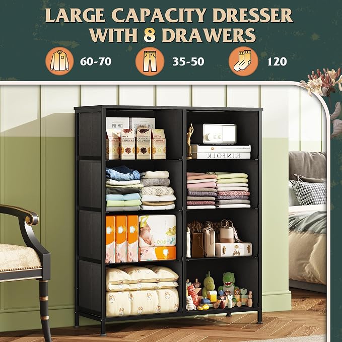 WLIVE 8 Drawer Fabric Dresser for Bedroom, Tall Storage Tower, Green | Green 8-drawer tall storage tower with fabric bins and wood tabletop, breathable non-woven, perfect for bedroom closet dorm