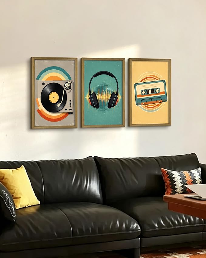 Framed Vintage Music Canvas Wall Art Set of 3, Vinyl Record Headphones Cassette Wall Decor Painting, Rustic Mid Century Music Print Pictures for Bedroom Living Room Office Studio Decor 16x24 Inch