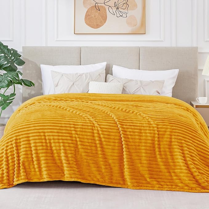 BEDELITE Ribbed Jacquard Mustard Yellow Queen Blanket for Bed, 90x90 Inch | Soft Warm Decorative Fluffy Blanket, Cozy Fuzzy Lightweight Plush Fleece Throw Blankets for Bed, Room Decor, Gift for Women