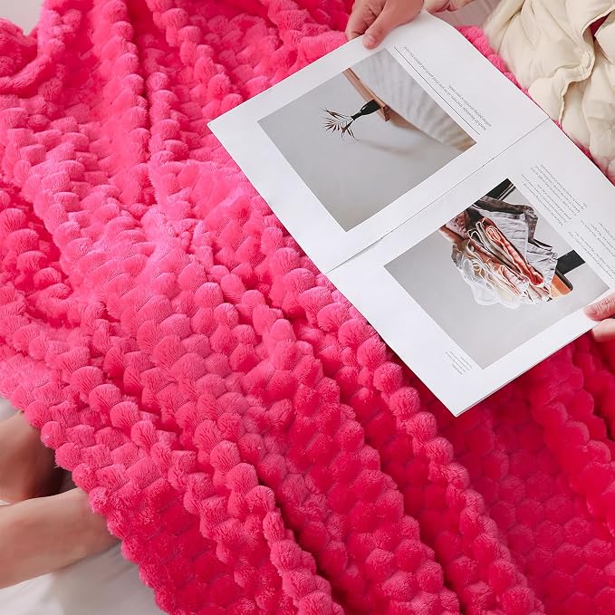 Puncuntex Hot Pink Throw Blanket 50"×60" Gifts for Mom Fuzzy 3D Jacquard | Decorative Flannel Fleece Super Soft Plush Cozy Blanket for Couch Sofa Chair Lightweight