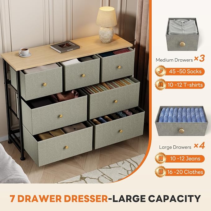 Sweetcrispy 7 Drawer Dresser for Bedroom Storage with Fabric Bin, Ink Green | Anti-Tip Closet Organizer, Wooden Top and Sturdy Steel Frame, Spacious Drawers for Clothes Storage, Hallway Entryway