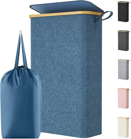 Lifewit 65L Slim Laundry Hamper with Lid, Narrow Laundry Basket with Removable Bag & Bamboo Handles, Fodable Thin Dirty Clothes Hamper for Laundry Collapsible Bin for Bathroom Bedroom Dorm, Dark Blue
