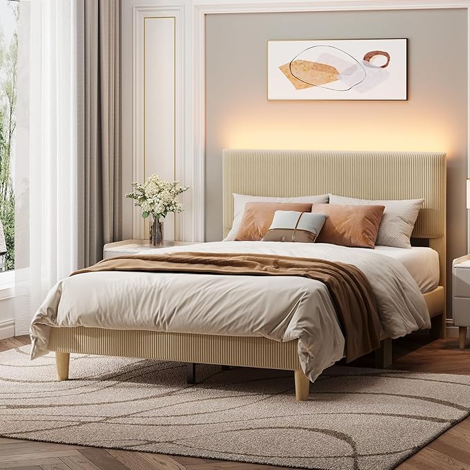 Bestier Full Size Bed Frame with Adjustable Headboard,LED Light,Taupe | Wood Slats Support,Easy Assembly,LED Lighting Headboard,No Squeaks,Vertical Channel Corduroy Upholstered,No Box Spring Needed